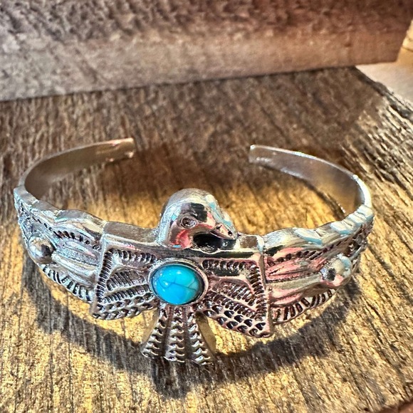 Vintage Bohemian Thunderbird Bangle Bracelet with Turquoise Accent, Gift-Ready - Picture 4 of 10